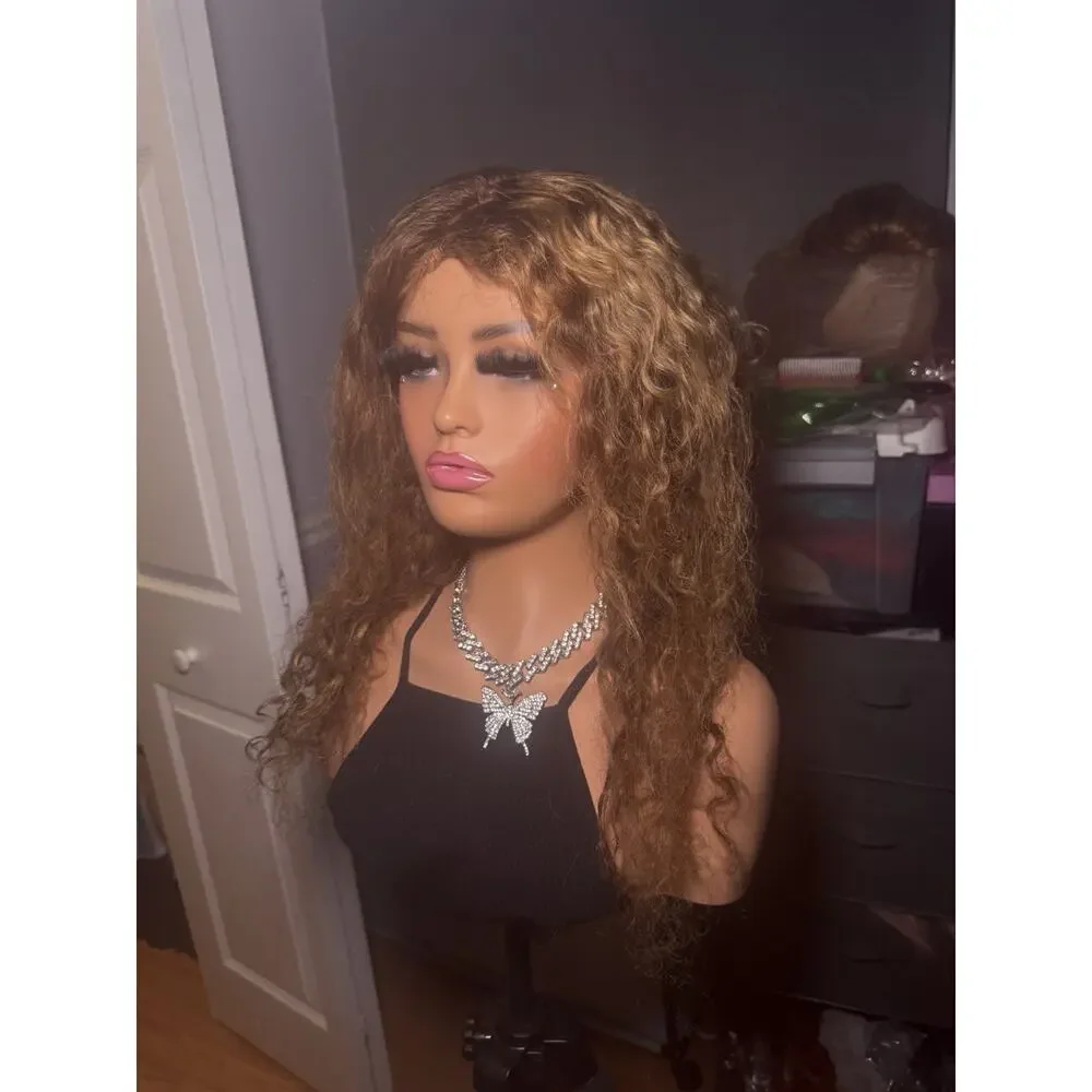 Brown Human Hair Lace Front Wig Curly with Highlights